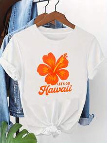 Camiseta ligera, transpirable y holgada, con estampado de flores de hibisco hawaiano (flores en degradado naranja brillante + eslogan en cursiva "LETS GO Hawaii"), una camiseta de estilo vacacional fresco, adecuada para vacaciones en islas, fiestas de verano y otras ocasiones informales, camiseta blanca de manga corta con cuello redondo y estampado - lavable a máquina, adecuada para primavera, verano y otoño, estilo casual, ajuste cómodo, diseño moderno, versátil para uso diario, tela suave, estilo a la moda, ideal para combinar en conjuntos de primavera y otoño. - Blanco - Ver 7