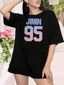 Playera de mujer con estampado de Jimin, camiseta de manga corta, mercancía para fans de  para mujeres, camiseta negra casual para conciertos y uso diario - Bonita idea de regalo para ARMYs, casual diario. - Negro - Ver 2