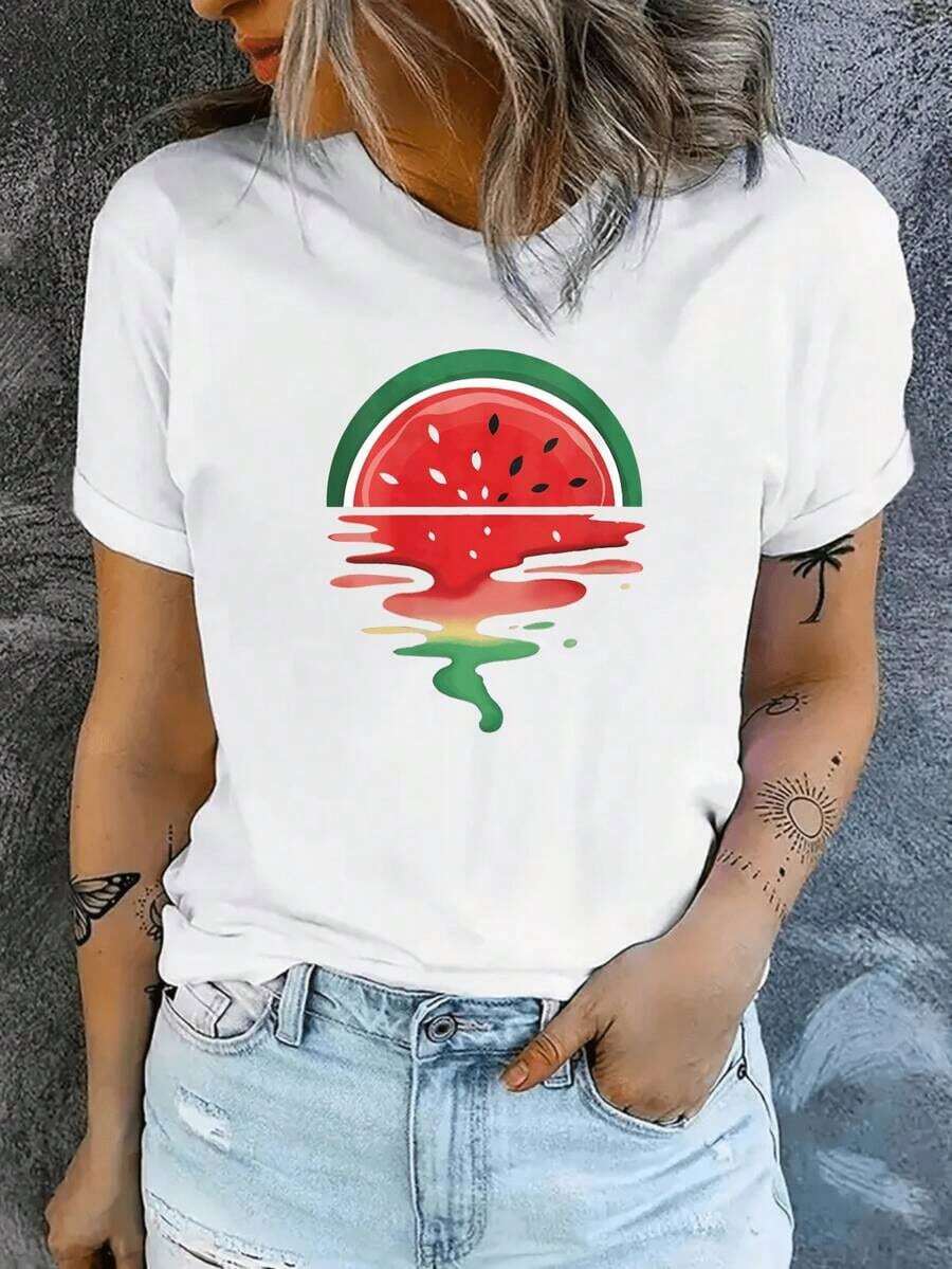 2026Mujer Camiseta Blanca con Estampado de Sandía Fundida Diseño Veraniego Casual para Mujeres Tops de Manga Cclothesta Estilo Bohemio para Playa y Ociocool100% Cotton - Blanco - Ver 1