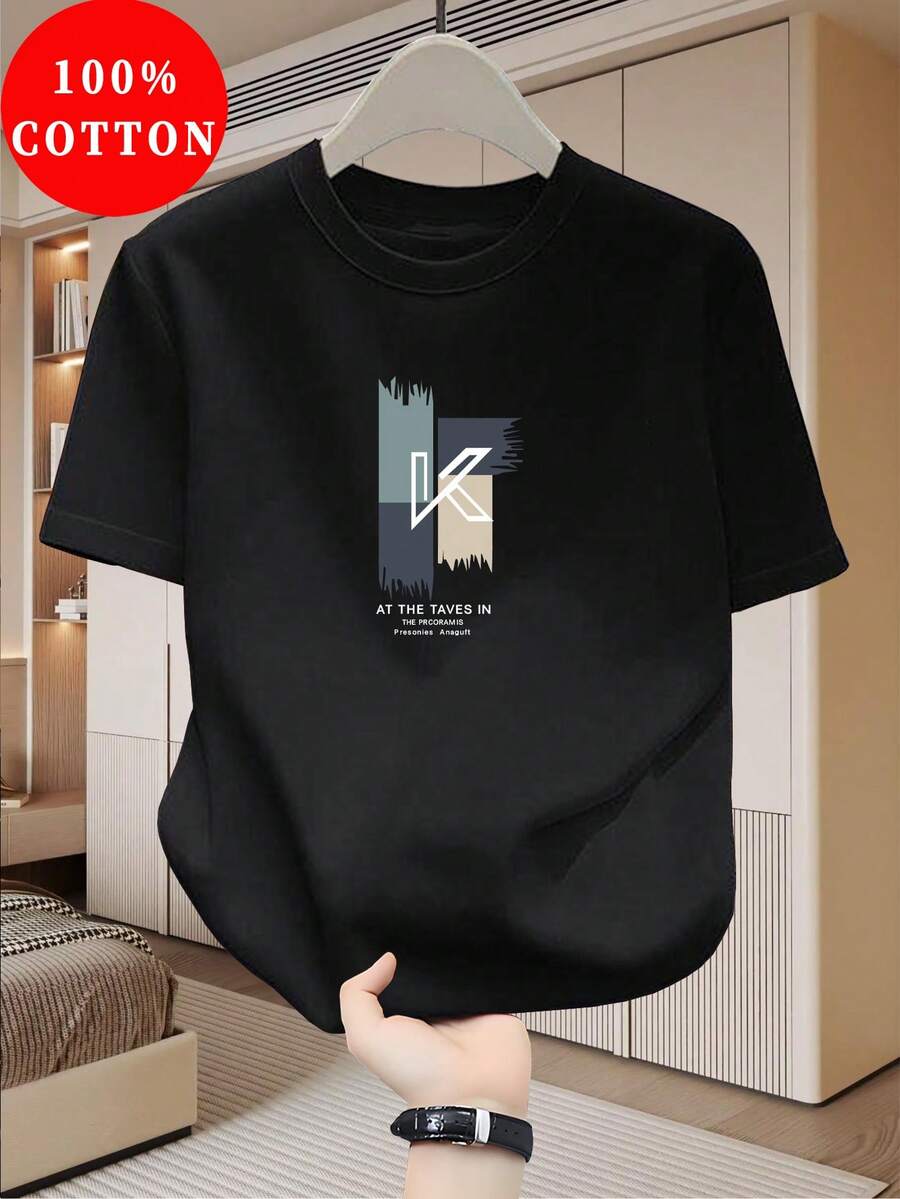 Camiseta de Algodón 100% para Hombre, Cuello Redondo Manga Corta Casual, Transpirable y Absorbente de Humedad para Actividades al Aire LibreTee - Negro - Ver 1