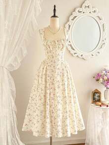 Vestido elegante vintage de mujer con bolsillos, con Body fruncido con estampado floral diminuto, tirantes de espagueti, vestido casual para fiesta, vacaciones y verano, vestidos de verano para mujer, vestido de graduación, vestido de cumpleaños, vestido de boda para invitada, vestido de primavera para mujer, vestido de vacaciones para mujer - Albaricoque - Ver 4