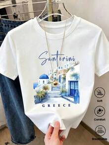 This Women's Short-Sleeved, Crew-Neck, Relaxed-Fit T-Shirt Is Perfect For Summer. Featuring A Santorini Print, This Stylish And Artistic Summer Tee Is Ideal For Vacations, The Office, Outings, Everyday Wear, Dates, Parties, Meetings, And Urban Looks. It's A Versatile Piece With A Casual And Sporty Style, Making It A Perfect Gift For Any Occasion. - 白色 - 查看 1