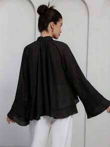 Elegant And Luxurious Chiffon Blouse With Ruffles And Layers In Purple-Red For Women - Black - View 2