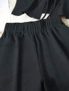 2件組純色休閒打結女款套裝，春夏黑色優雅款 - 黑色 - 查看 5