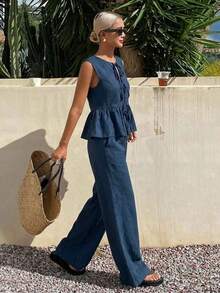 Conjunto de 2 piezas de top de tirantes finos a rayas y pantalones casuales de verano para mujer, conjunto de prendas de estar en casa - Azul marino 3 - Ver 4