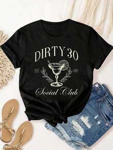 1 Piece Dirty Thirty Social Club Dirty Martini 30th Anniversary 1995 T-Shirt, Summer Tops, Short Sleeve, Round Neck, Casual T-Shirt For Summer And Spring, Women's Clothing, 180g 100% Cotton - 黑色 - 查看 7
