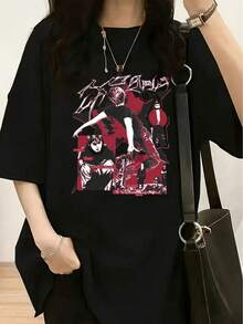 1 Piece Of Women's Fashion T-Shirt, Spring-Summer, With A White Teddy Bear Wearing Fashionable Glasses And Red And Blue Striped Pants, 180g, 100% Cotton. - 黑色 16 - 查看 1