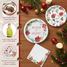 Juego de vajilla desechable de 150 platos y servilletas de papel de Navidad para 50 unidades diseño de pascua vajilla floral feliz y brillante para fiestas de Navidad - rojo - Ver 4