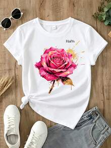 Limited Time Offer, Limited Quantity Available, Flash , Women's Shirts, Women's T-Shirts. Women's Oversized White T-Shirt, Short Sleeve, Round Neck, Pink Rose Print With Gold And Graffiti Details, Casual Elegant Style For Everyday Wear - 白色 - 查看 3