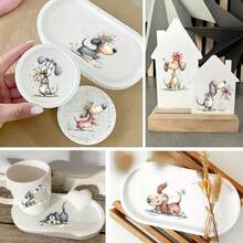 4张趣味春日腊肠犬UV转印贴纸 | 自粘塑料贴纸，适用于工艺品、马克杯、笔记本电脑和水瓶，灰色格子图案，高品质印刷，经久耐用 - 彩色 - 查看 4