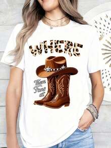 Women's Clothing White Printed T-Shirt With Cowboy Hat And Boots, Leopard Print Text And Western Theme, For Country Music Festivals And Outdoor Events, Women's Shirts - 白色 - 查看 2