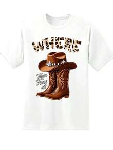 Women's Clothing White Printed T-Shirt With Cowboy Hat And Boots, Leopard Print Text And Western Theme, For Country Music Festivals And Outdoor Events, Women's Shirts - 白色 - 查看 3