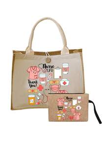 Túi tote vải canvas chủ đề y tá và túi đựng mỹ phẩm đồng bộ - Túi vải lanh chắp vá in họa tiết ống nghe, trái tim, ống tiêm, nhiệt kế, bền và nhẹ, vật dụng thiết yếu hàng ngày của y tá, túi lưu trữ đa năng túi đựng mỹ phẩm ví sắp xếp, phù hợp để đi làm, đi làm, giải trí du lịch, mua sắm, dã ngoại, quay lại trường, tốt nghiệp, quà tặng Ngày Nhà giáo - Nhiều màu - Xem 13