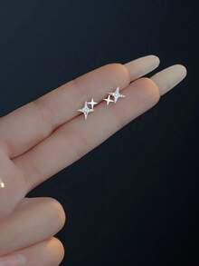 1pair Double Star Shaped Earrings Inlaid With Cubic Zirconia 18k Gold Plated For Women, Perfect Choice For Proposal, Engagement Party Gift - Gold - View 13