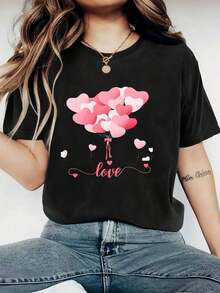 1 Pack Women's Happy Valentine's Day Print T-Shirt, 200gsm, Round Neck, Polyester Knit, Lightweight And Breathable, Suitable For All Seasons. Round Neck Printed Short Sleeve Casual Everyday T-Shirt, They Are Excellent Gifts For Friends And Family. 100% Cotton T-Shirts Feature, A Youthful And Fashionable Design Casual Blouses For Women - 黑色 - 查看 1