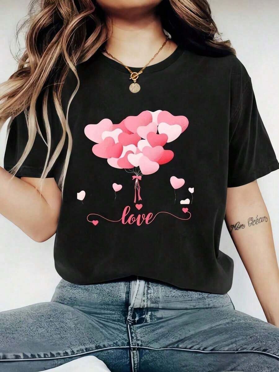 1 Pack Women's Happy Valentine's Day Print T-Shirt, 200gsm, Round Neck, Polyester Knit, Lightweight And Breathable, Suitable For All Seasons. Round Neck Printed Short Sleeve Casual Everyday T-Shirt, They Are Excellent Gifts For Friends And Family. 100% Cotton T-Shirts Feature, A Youthful And Fashionable Design Casual Blouses For Women - 黑色 - 查看 1