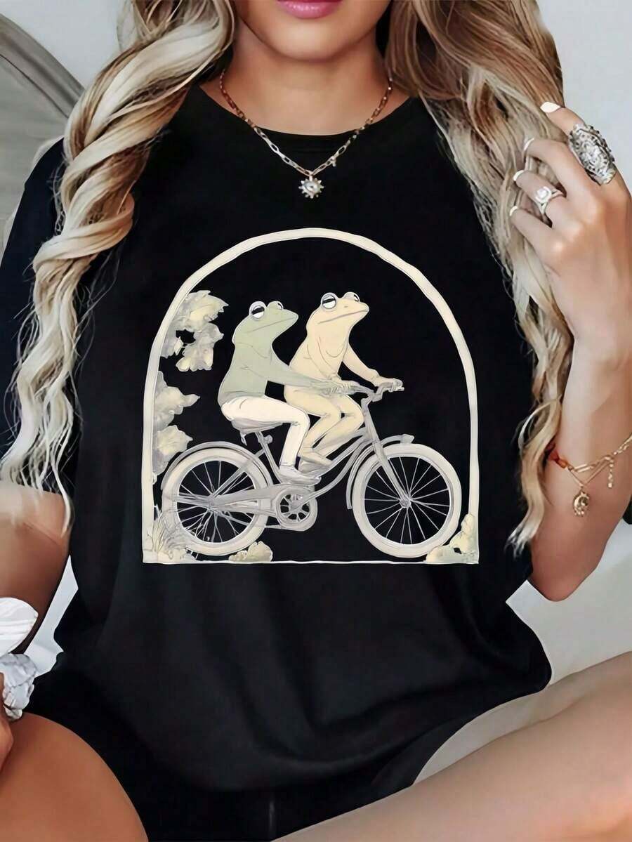 1 Piece, 180 G/M², Fashionable Round Neck T-Shirt - Women's Printed T-Shirt - Casual Short Sleeve Polyester Round Neck Top - Lightweight And Breathable For Everyday Wear. These Round Neck Printed Short Sleeve Casual T-Shirts Are Excellent Gifts For Friends And Family. Made Of 100% Cotton, They Feature A Youthful And Fashionable Design. - 黑色 - 查看 1