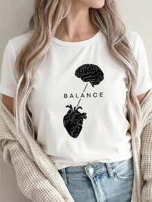 Camiseta de Poliéster con Diseño de Cerebro y Corazón para Uso en Casa u Oficina, Tela Cómoda y Duradera, para Uso Diario Casual, Toque Suave, Ligera, Camiseta Gráfica Estilosa para Hombres y Mujeres - Blanco - Ver 1