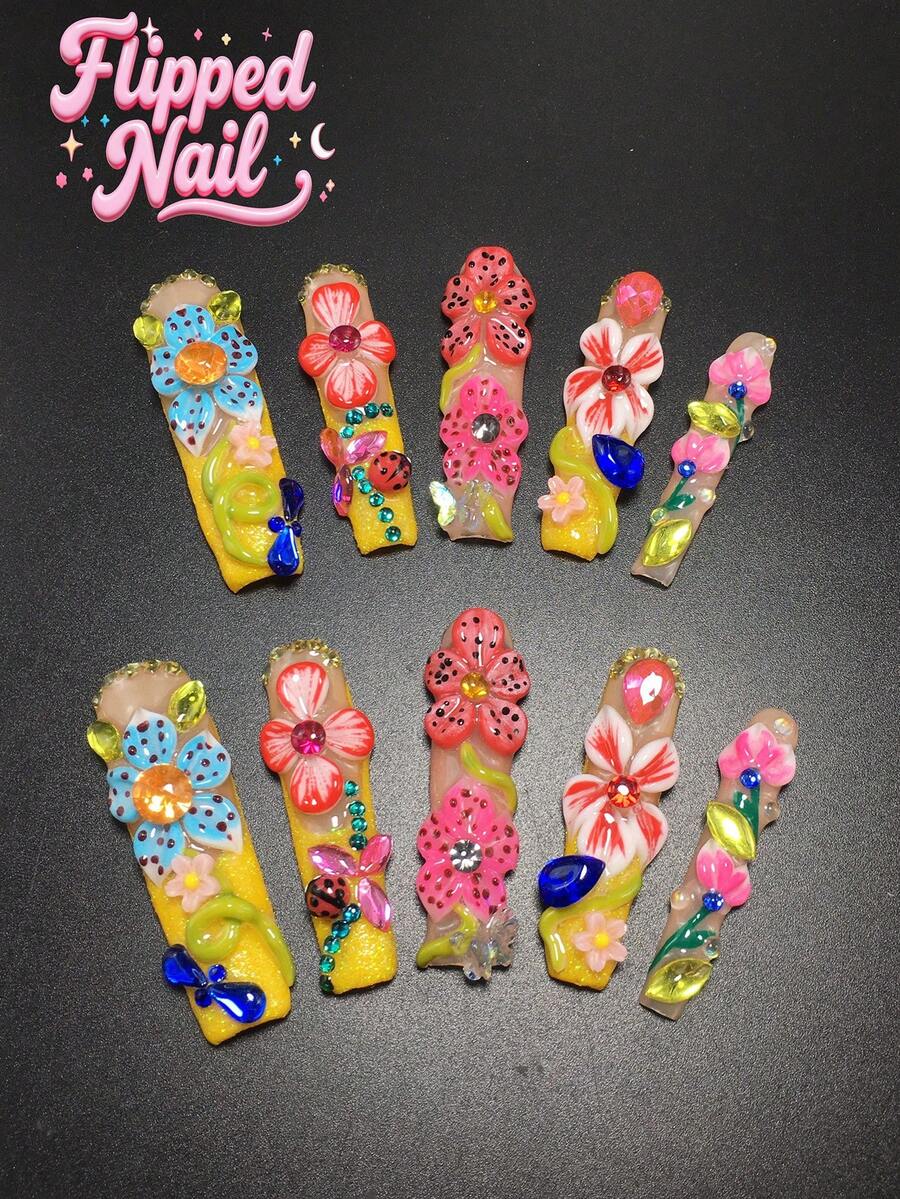 10件組 5.5cm 手工棺材形美甲片,鑲嵌水鑽、瓢蟲、波點與花朵設計,完整美甲套組,適合女性與女孩,適用情人節、派對、假日與日常配戴,美甲配件、壓克力美甲套組、手工壓式美甲、假指甲貼紙、美甲用品,手工穿戴式假指甲 - 彩色 - 查看 1