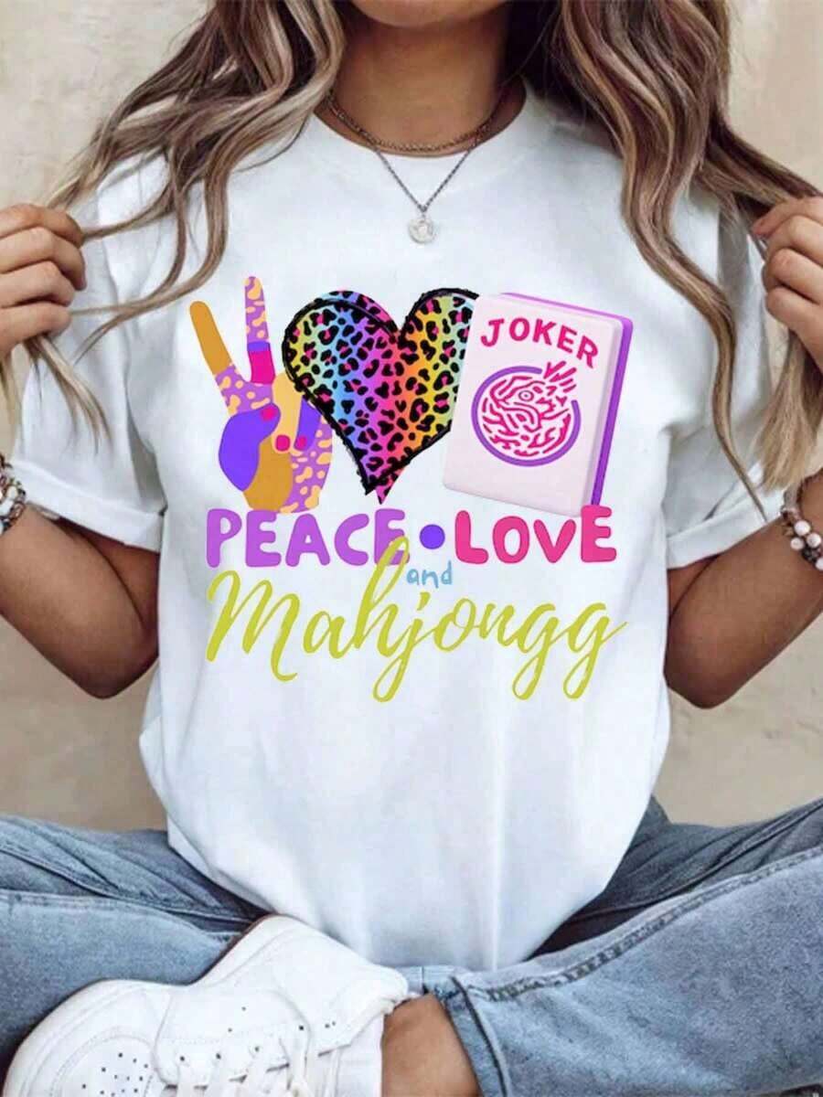 Women's Cotton T-Shirts Peace Love And Mahjongg With Joker Tile Design For Mahjong Enthusiasts, Casual Wear For Women And Girls, Perfect For Game Nights And Leisure Activities, Basic Women's Blouses. - 白色 - 查看 1