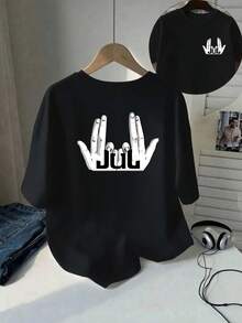 New Short-Sleeved T-Shirt, 180g, 1% Cotton, With Prints On The Front And Back - Peace Symbol, JUL Logo - Fashionable Printed T-Shirt For Women, For Spring/Summer, Versatile And Casual - Suitable For Layering In Spring And Autumn, And For Wearing Alone In Summer, Unisex. - 黑色 - 查看 1