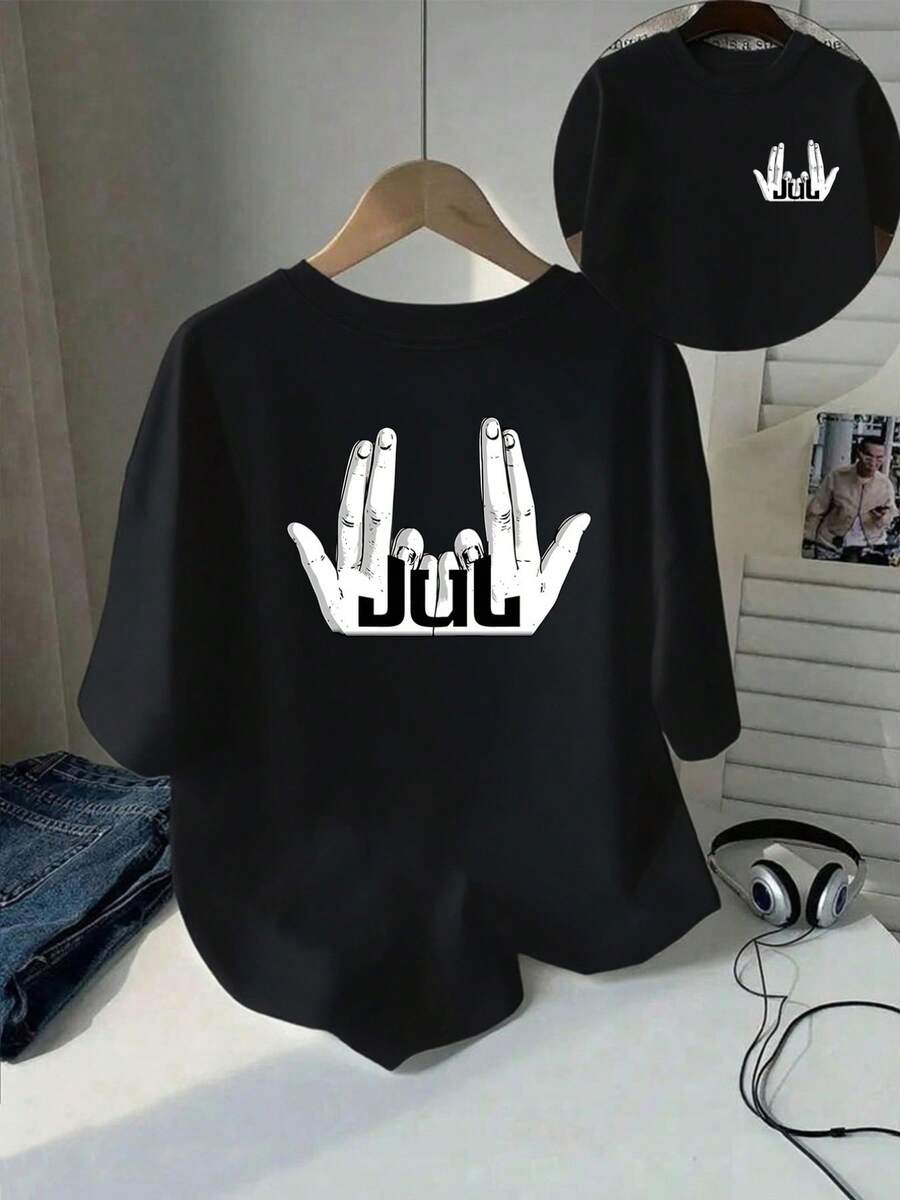 New Short-Sleeved T-Shirt, 180g, 1% Cotton, With Prints On The Front And Back - Peace Symbol, JUL Logo - Fashionable Printed T-Shirt For Women, For Spring/Summer, Versatile And Casual - Suitable For Layering In Spring And Autumn, And For Wearing Alone In Summer, Unisex. - 黑色 - 查看 1