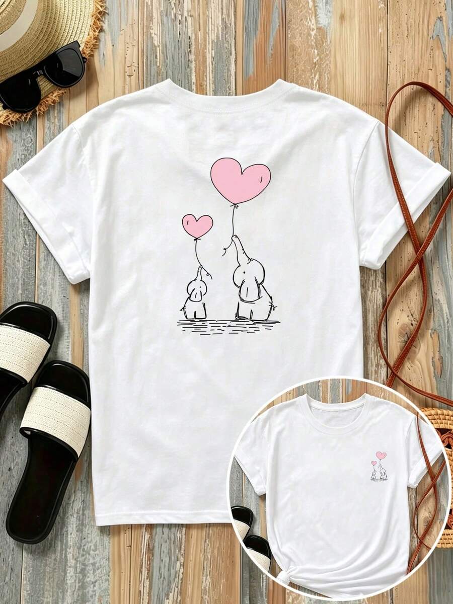 Nueva camiseta de manga corta de 180 g,% algodón, con estampados frontales y traseros - Globos de Amor, Pareja de Elefantes - Camiseta estampada de moda para mujer, de manga corta, adecuada para todas las estaciones, ropa moderna - se puede usar como capa base en primavera y otoño o sola en verano, unisex. - Blanco - Ver 1