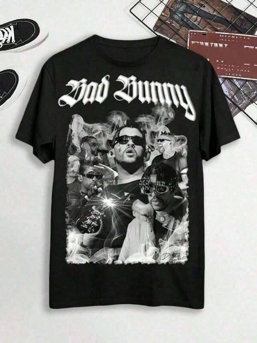 Bad Tee Bunny T-Shirt With Black And White Portrait Collage Graphic, Men's Short-Sleeved T-Shirt Made Of Pure Cotton, Loose Fit Y - 黑色 - 查看 1