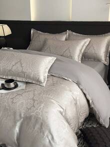 3pcs Jacquard Soft Brushed Bedding Set (1*Duvet Cover + 2*Pillowcases), Suitable For Bedroom & Guest Room - Grey - View 1