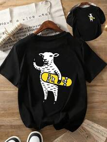 Women's Summer T-Shirt With Fun Goat On Skateboard Print, Short Sleeve, Round Neck, Soft And Comfortable, Casual Clothing - Urban Vintage Style, Unisex, Loose Fit Cotton Short Sleeve Round Neck T-Shirt - 黑色 - 查看 7