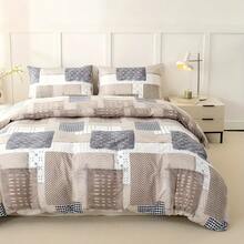 Set Sarung Selimut Patchwork Gaya Bohemian 2/3 pcs, Motif Kotak-kotak Bunga Cokelat Khaki, Kain Poliester Lembut, Penutup Resleting, Bernapas & Nyaman Sepanjang Musim, Cocok Untuk Kamar Tidur Dan Kamar Tamu, Hadiah Liburan yang Sempurna - Unta - View 6