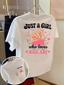New 2026 Collection: Cotton T-Shirt With Front And Back Print - A Girl Who Loves Nail Art,  Print For Nail Art Enthusiasts - Women's T-Shirt With  Print For Spring/Summer, Short Sleeve T-Shirt. - 白色 - 查看 1