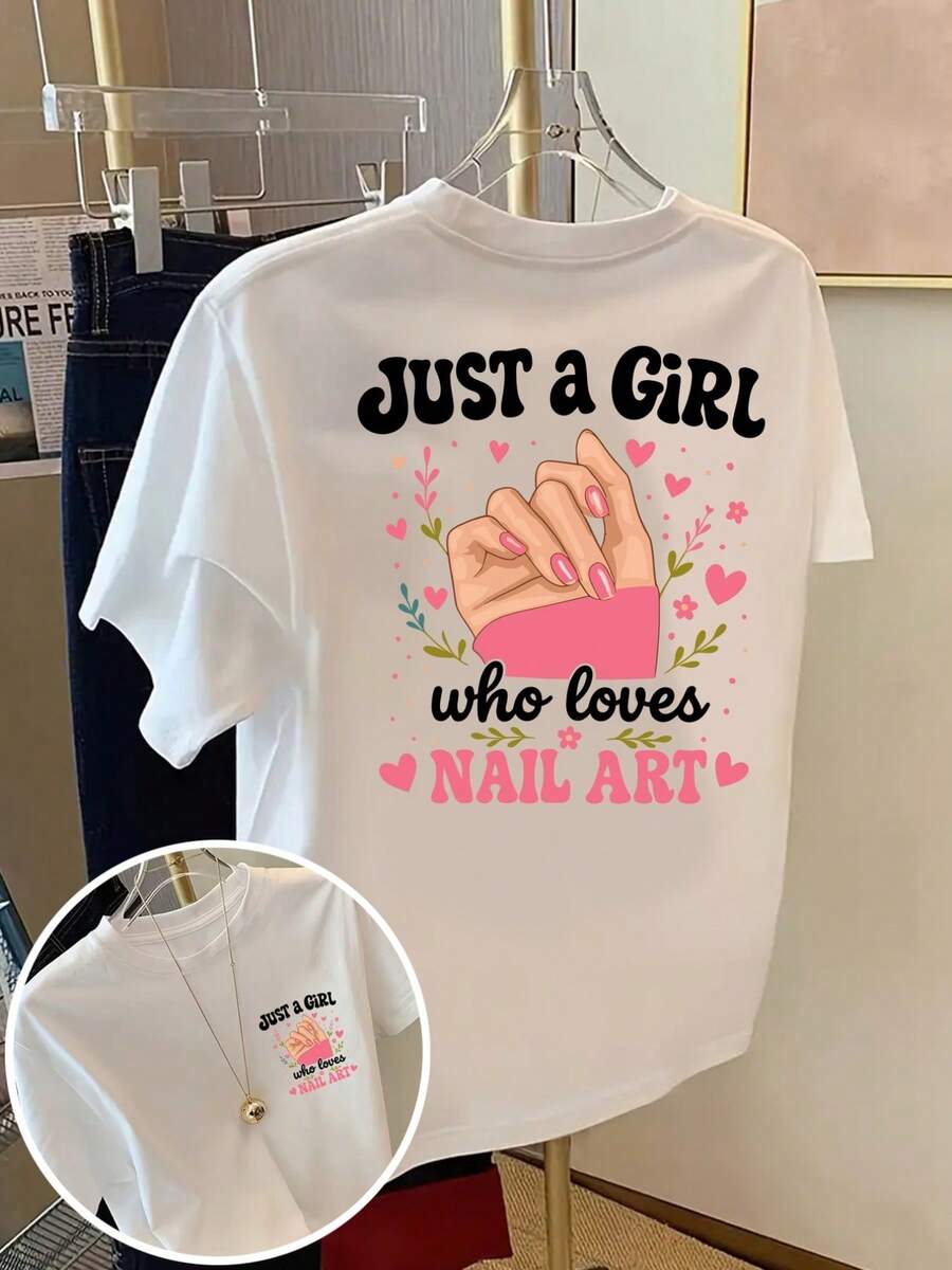 New 2026 Collection: Cotton T-Shirt With Front And Back Print - A Girl Who Loves Nail Art, Print For Nail Art Enthusiasts - Women's T-Shirt With Print For Spring/Summer, Short Sleeve T-Shirt. - 白色 - 查看 1