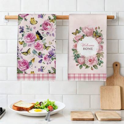 2 piezas Toallas de cocina con patrón de rosa rosa y mariposa, de material de microfibra suave de 40*60cm, adecuadas para el hogar, la cocina, el restaurante, el campamento al aire libre, la limpieza de la mesa, el lavado de platos, el secado de manos, regalo