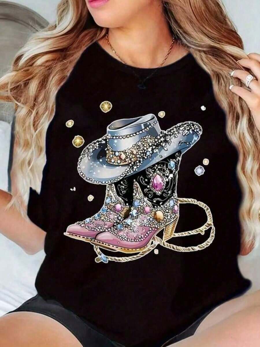 Camiseta de Mujer Estilo Vaquera con Diamantes de Imitación - Estampado Brillante de Botas y Sombrero de Cowboy, Suave y Transpirable 220gsm, Cuello Redondo Ligero de Manga Corta, Ajuste Unisex para Festivales de Música Country, Fiestas y Ropa Casual - Lavable a Máquina para Todas las Estaciones - Multicolor - Ver 1