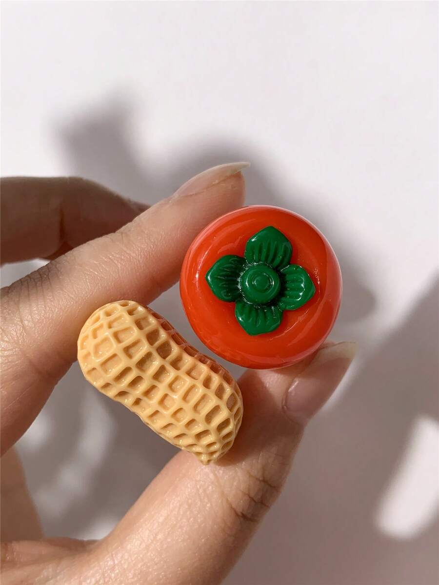 1/2pcs Unique Resin Material Simulated Peanut & Persimmon Shape Rings For Women, Meaning "Good Things Happen", Suitable For Daily Wear, Cute & Fun Jewelry Gift For Mom, Friends - Multicolor - View 1