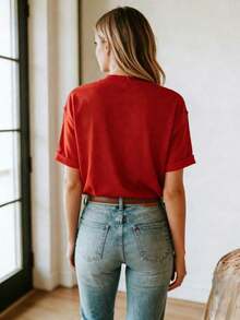 Women's 2026 Denim Style Shirt, Turquoise Color, Casual And Elegant, Sportswear, 100% Cotton, Breathable And Comfortable, Round Neck, Short Sleeve, Knit T-Shirt, Fashionable For Everyday Summer Wear - Unisex Loose Fit 100% Cotton T-Shirt. - 紅色 - 查看 3