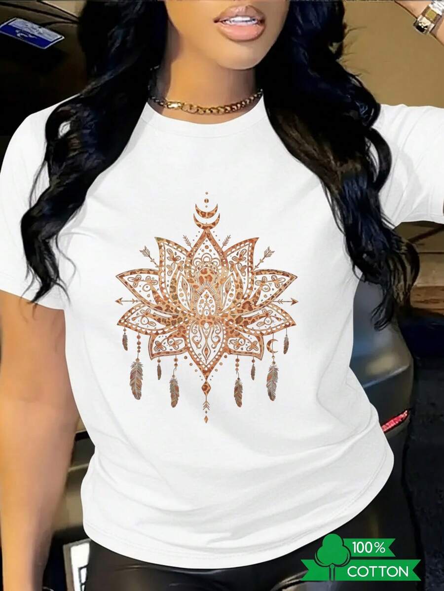 Women's T-Shirt With Round Neck And Anime Letter Print, Simple Design, Comfortable And Breathable, Suitable For Casual And Versatile Daily Wear, Showing A Natural And Elegant Style, A Must-Have For Summer Parties, With Local Shipping Available. - 白色 - 查看 1