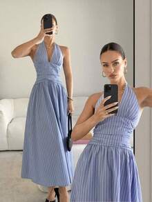 Vestido largo con cintura fruncida y anudada en el cuello - Azul - Ver 1