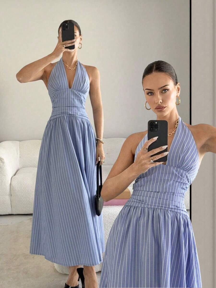 Vestido largo con cintura fruncida y anudada en el cuello - Azul - Ver 1
