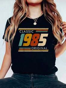 1 Piece 2026 1985 Birthday, Classic 1985, Original Retro 38 Year T-Shirt, Casual Printed T-Shirt 100% Cotton, Short Sleeve Graphic Print Summer T-Shirts, Crew Neck, Short Sleeve Woven Polyester T-Shirt, Fashionable For Everyday Wear - Loose Fit 100% Soft Cotton T-Shirt - 黑色 - 查看 7