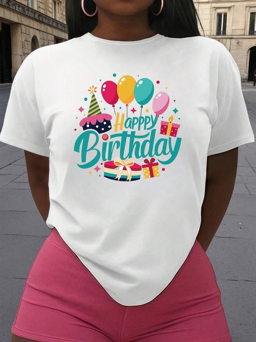 New 2026 Collection: Women's Cotton T-Shirt, Sports T-Shirt With Cheerful And Lively Birthday Motifs And Fashion Elements, Round Neck, Short Sleeve, For Gift. - 白色 - 查看 1