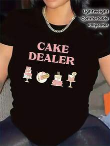 1 Polyester T-Shirt With Cake Print, Ideal For Use In The Kitchen Or At Parties, Durable And Lightweight, Comfortable Fit For Everyday Use, Stylish Design For Women's Casual Outfits, 180g 100% Cotton. - 黑色 - 查看 12