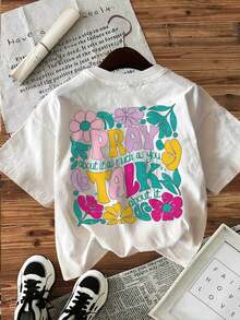 | Exquisite Design | Loose And Comfortable | Easy To Match | [Double-Sided Print] Women's Spring/Summer T-Shirt, Vintage Style, Floral And Text Print 'PRAY About It', Pure Cotton, Casual Daily Wear, Short Sleeve, Round Neck, Women's T-Shirt - 白色 - 查看 2