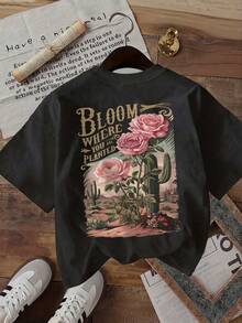 |   Diseño exquisito |   Suelto y cómodo |   Fácil de combinar | [Impresión a Doble Cara] Top de Moda para Mujer, Ropa de Verano para Mujer, Estilo Vintage, Estampado de Rosas y Cactus, Cuello Redondo, Camiseta de Manga Corta de Algodón Puro - Negro - Ver 3
