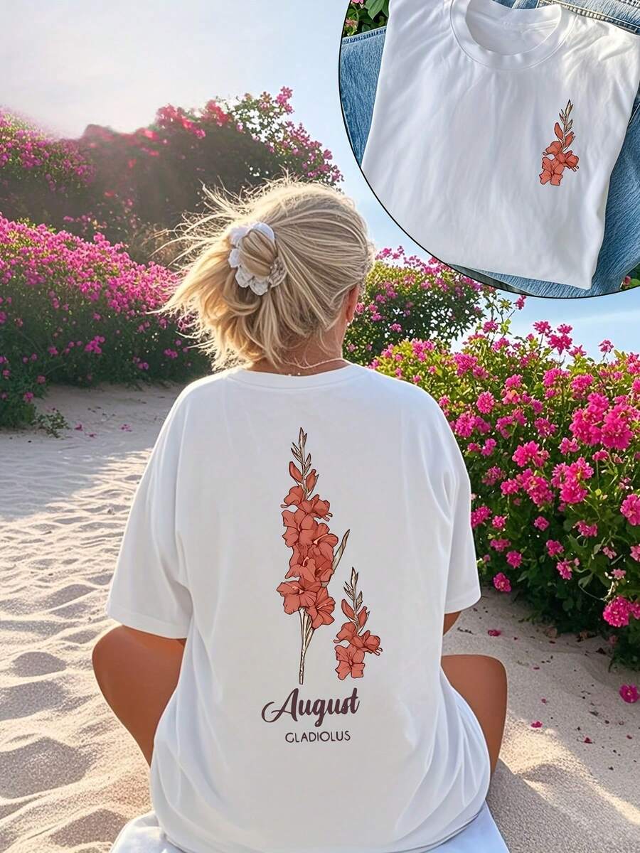Camiseta de verano premium con estampado floral para mujer, camiseta con estampado de gladiolos de agosto, una opción de moda para los días de playa en primavera, disfruta de momentos románticos en la playa, regalo de cumpleaños, camiseta para fiestas, camiseta con estampado floral y letras, top casual de manga corta y cuello redondo para mujer, primavera-verano. - Blanco - Ver 1