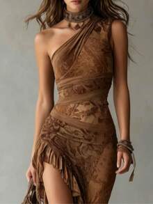 Y2K Grunge Style One Shoulder Maxi Dress, Patchwork Print Asymmetrical Hem Party Dress - Yellow - View 2