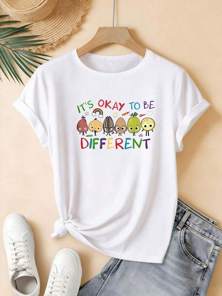 1PC Women's Plus Size Short Sleeve Crew Neck T-Shirt With Fruit And Vegetable Cartoon Print, Casual Summer Style, Loose Fit. Suitable As A Gift. Women's T-Shirt. Blouses>Elegant. Boho Chic. Soft, Breathable, And Comfortable Women's Top, Ideal For Spring, Summer, And Autumn, Perfect For Vacations, Travel, And Everyday Wear. - 白色 - 查看 1