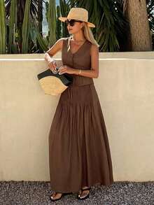 Conjunto de 2 piezas de mujer con falda plisada con cintura anudada y escote en V sin mangas, atuendo de verano para vacaciones - Camel - Ver 4