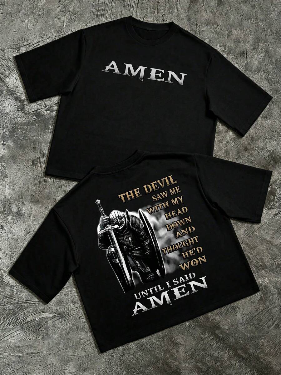 中世紀騎士圖案配「Amen」字樣,大膽宗教靈感設計。男款單件寬鬆短袖T恤 - 黑色 - 查看 1